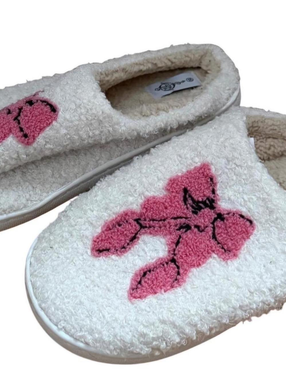 Womens Cozy White Slippers with Pink Flower Accent